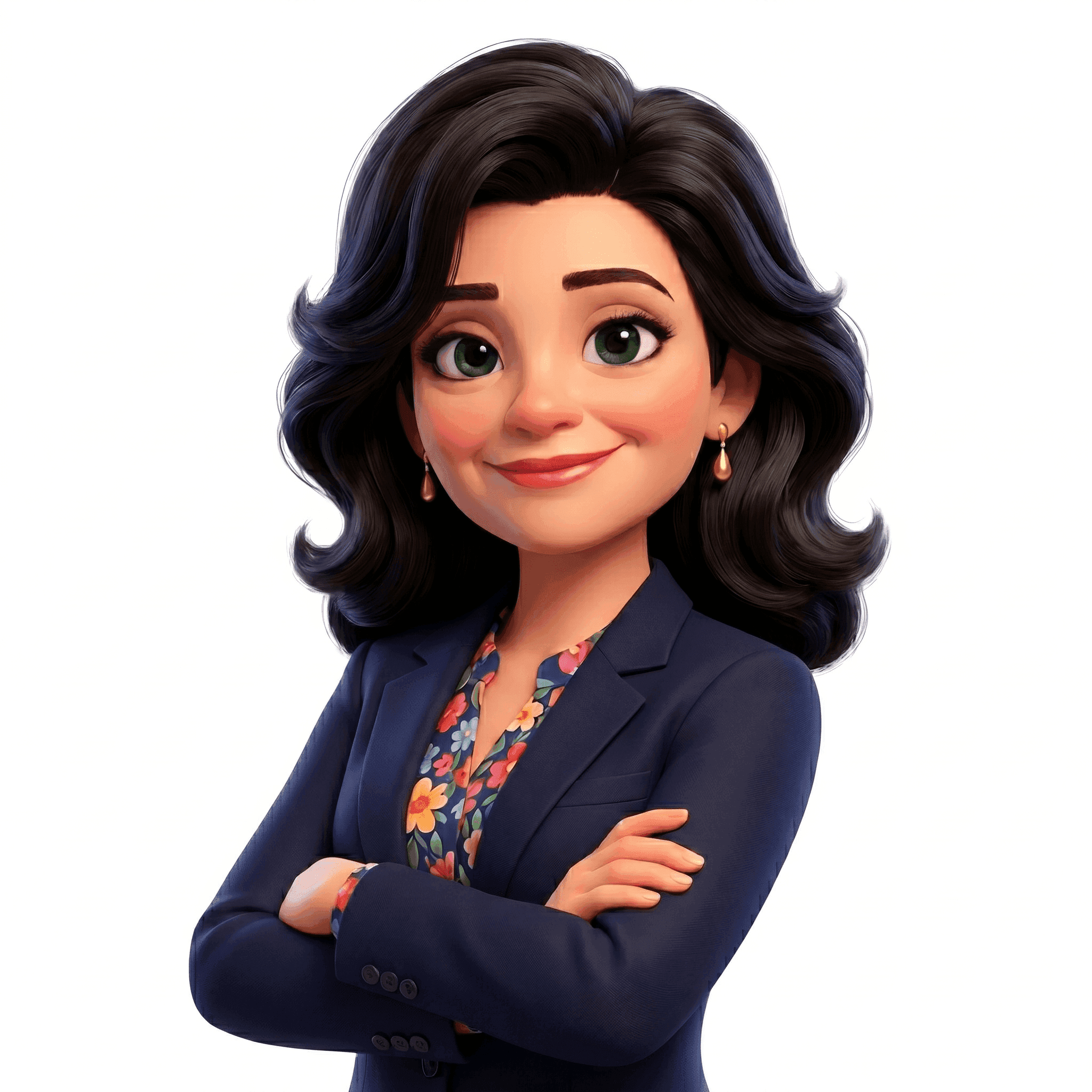 Balan Mihaela – Fondatoare și CEO; păr ondulat negru, brațe încrucișate, sacou bleumarin, ținută autoritară